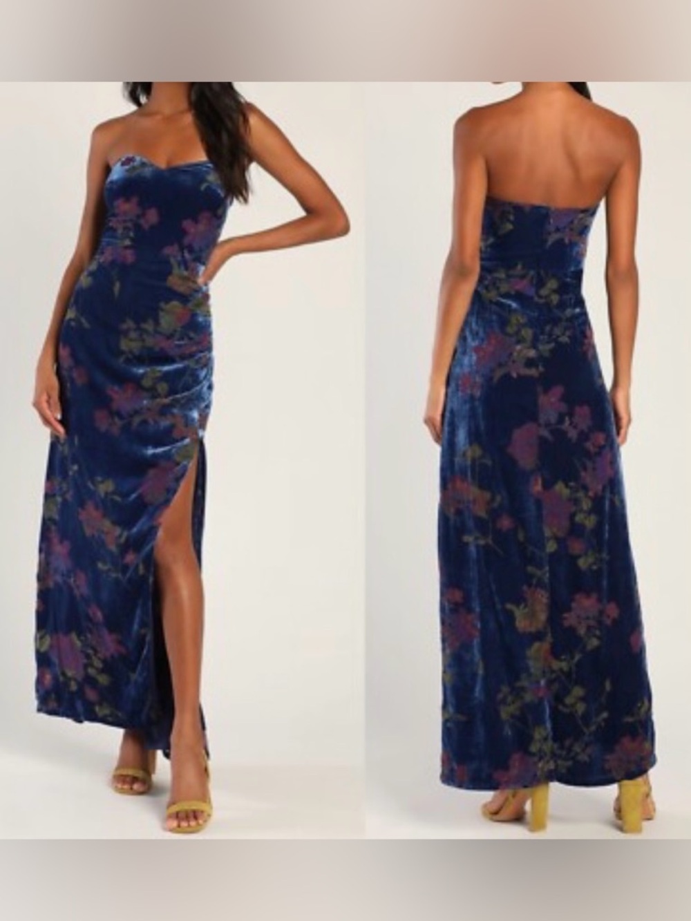 Lulu's Exquisite Blue Floral Burnout Velvet Strapless Maxi Dress M NWT NightOut - Picture 2 of 16